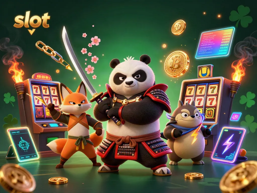 Engaging scene of a slot-themed illustration with a samurai panda, ninja fox, and tanuki amidst vibrant casino elements.