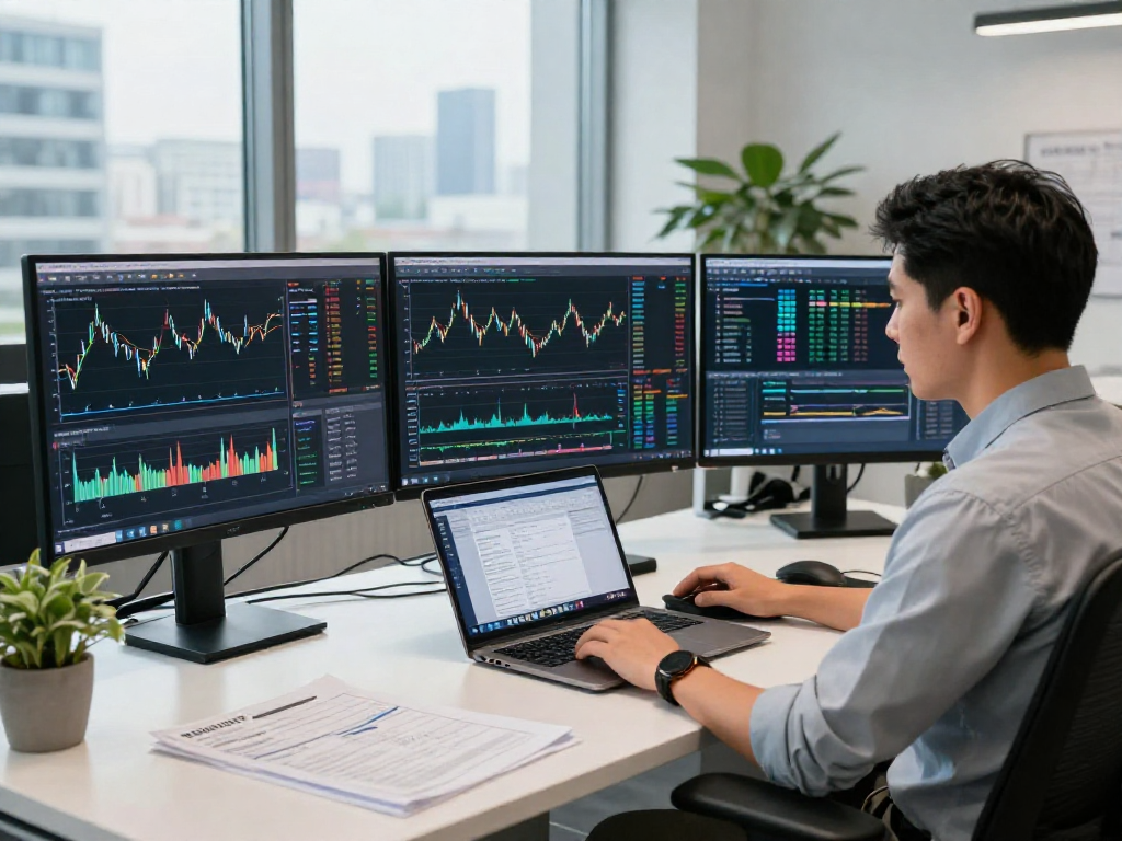 Trader utilizing metatrader 5 platform in a modern office environment with financial data.