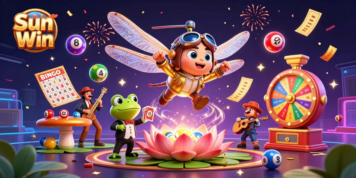 Engage in thrilling gameplay at Sun Win with vibrant casino elements and characters celebrating luck.