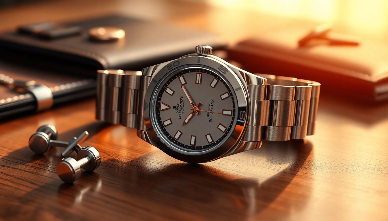 Showcase of a detailed Rolex replica watch with luxury accessories highlighting craftsmanship.