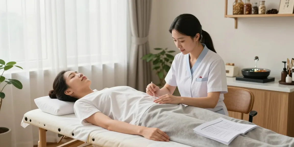 A serene scene at 수원교통사고한의원 with a practitioner performing acupuncture in a tranquil environment focused on holistic healing.