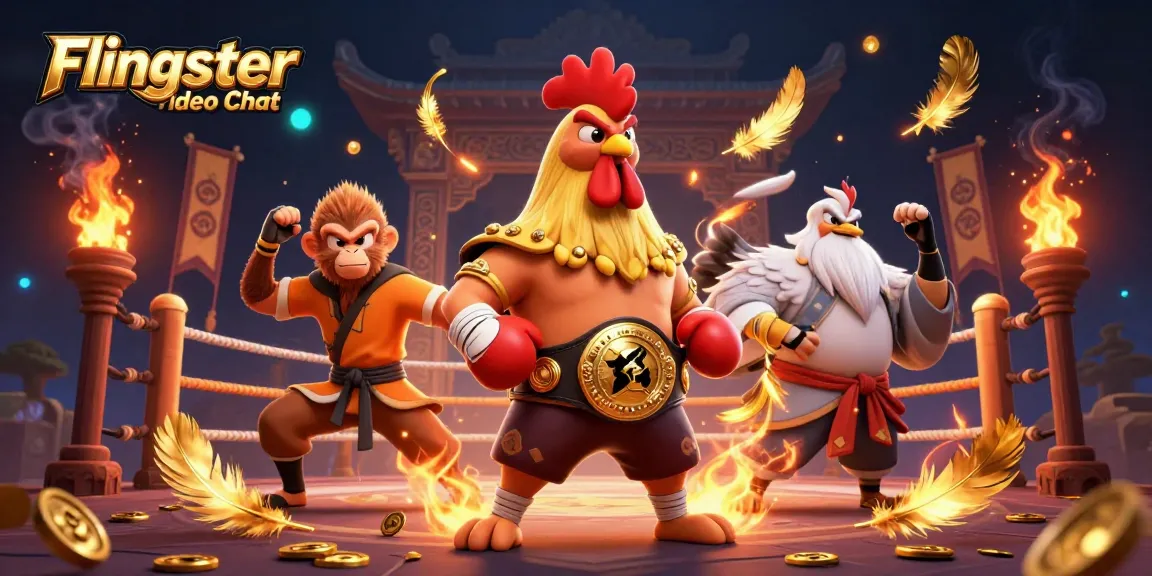 Engage in exciting Flingster Video Chat sessions with a dynamic scene of animated characters and casino elements.
