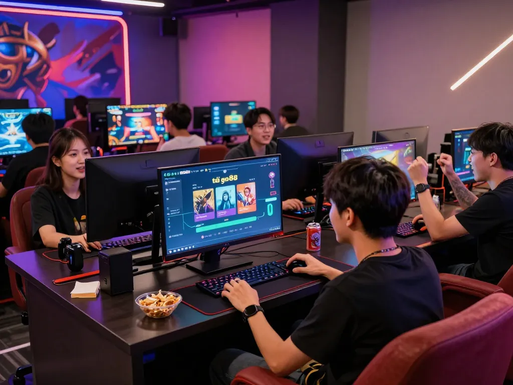 Engaging gaming scene with players downloading and enjoying tải go88 on vibrant screens.