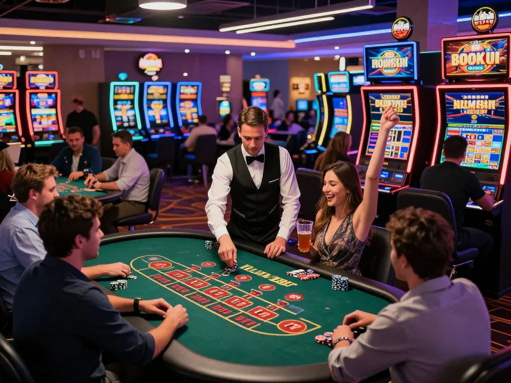 Exciting scene at casino hubet88 with enthusiastic players at gaming tables celebrating wins in a vibrant atmosphere.