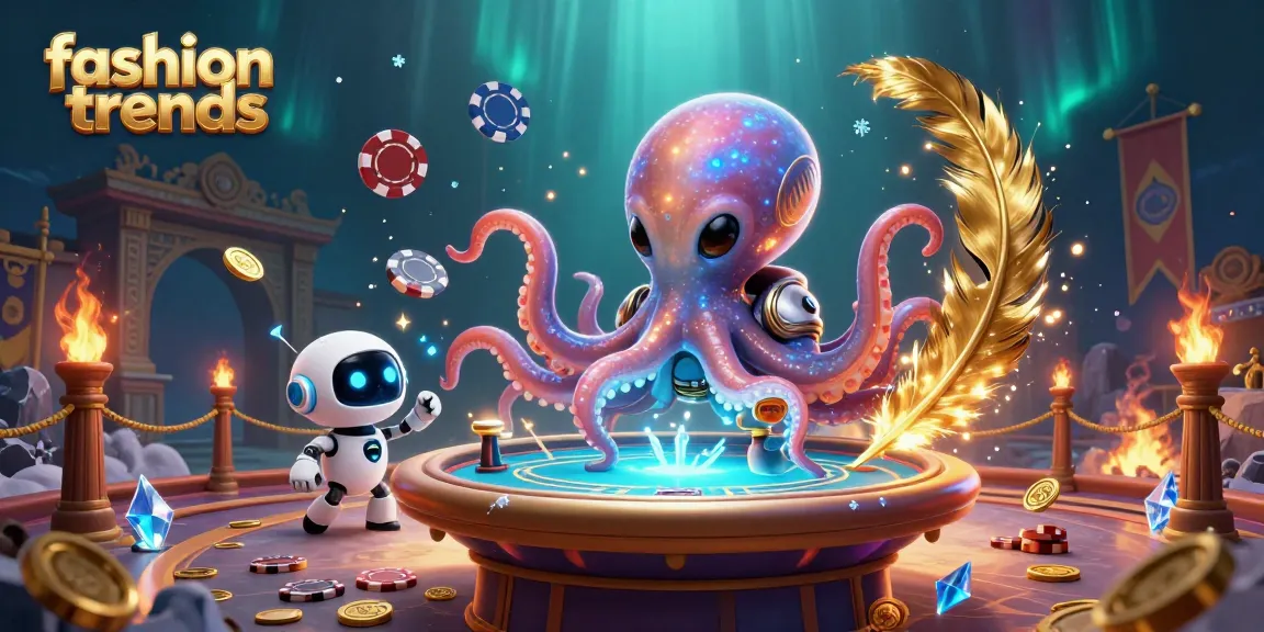 Engage with fashion trends at a vibrant poker scene with an alien octopus and robot.