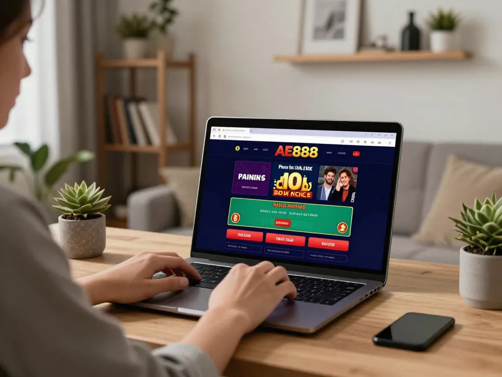 Interactive AE888 gaming session at home, showcasing a laptop with vibrant casino graphics and betting activity.