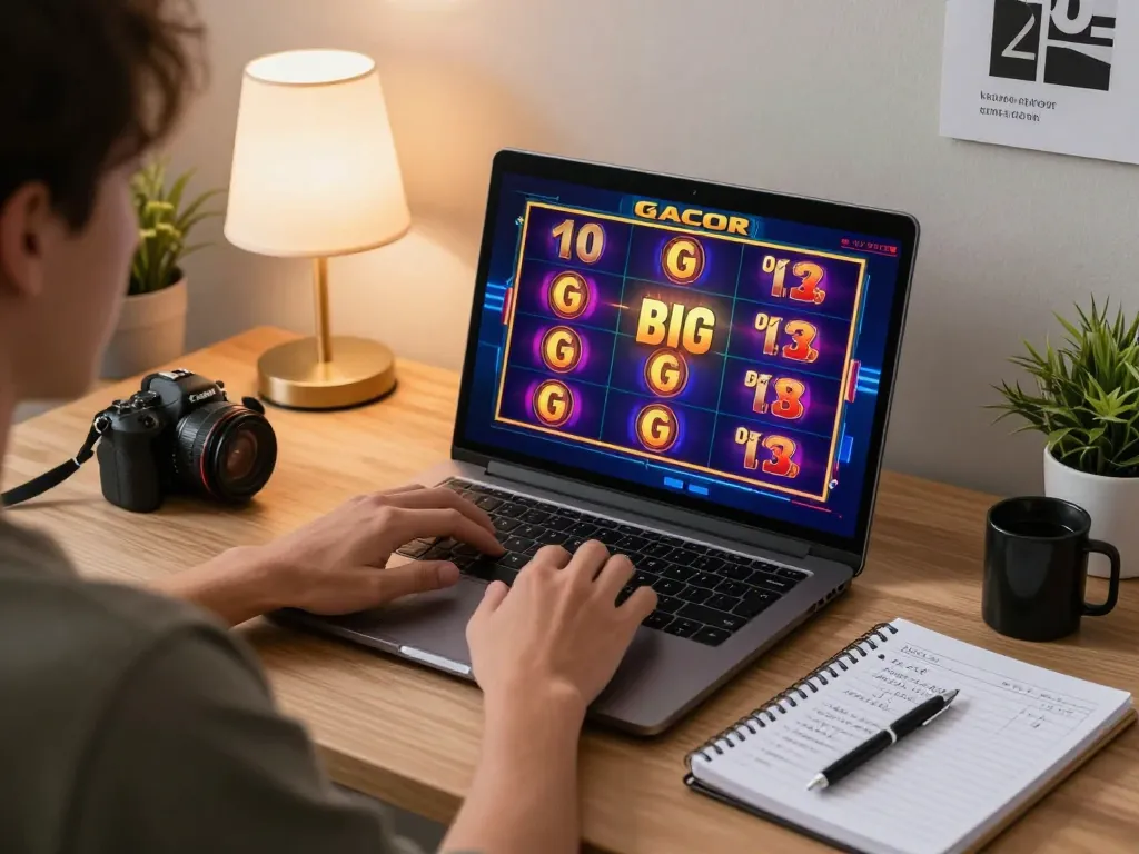 Player spinning slot gacor online at home for big win with laptop and strategy notes.