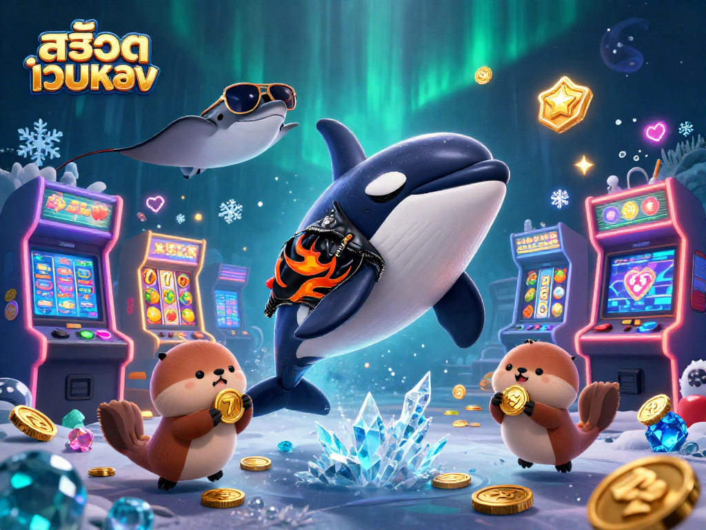 Engage with สล็อตเว็บตรง opportunities featuring a whimsical orca and otters in a dynamic casino scene.
