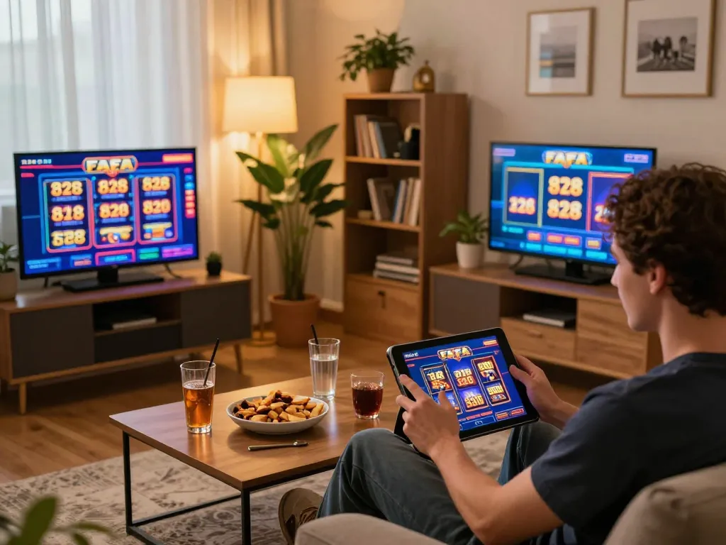 Experience FAFA 828 slot gaming action in a cozy home setting with multiple screens.