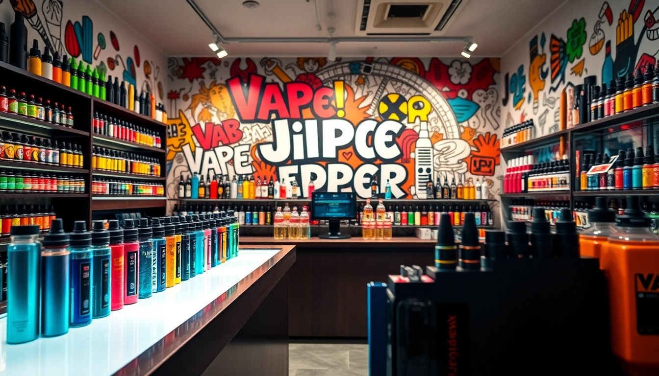 Vape Juice Depot storefront with colorful vape products and devices on display, inviting ambiance.