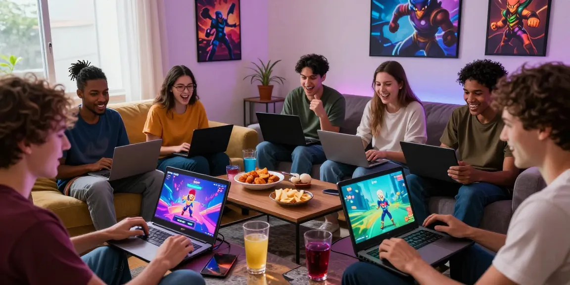 Friends enjoying free porn games on various devices in a cozy living room setting with games and snacks.
