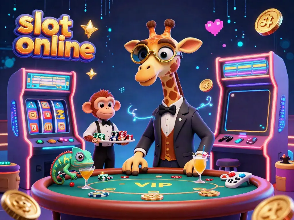 Menang jackpot di slot online dengan gajah penghigh-roller dan bartender chameleon yang menciptakan suasana kasino.