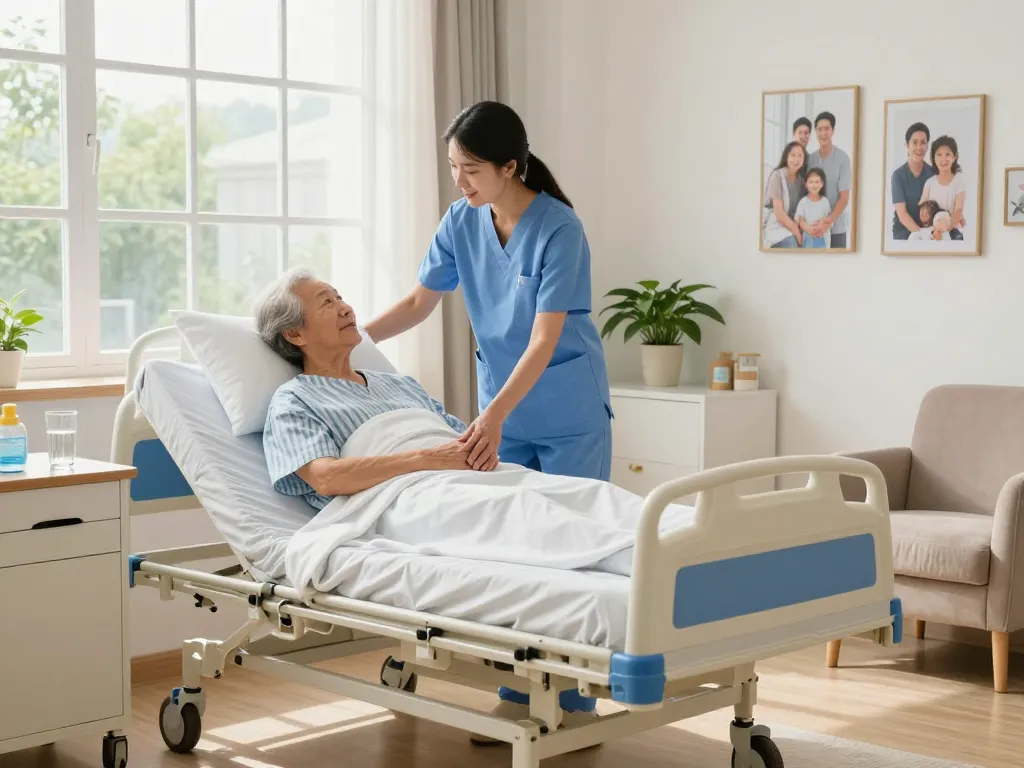 giường bệnh nhân in a caring home healthcare setting with caregiver adjusting the bed for comfort.