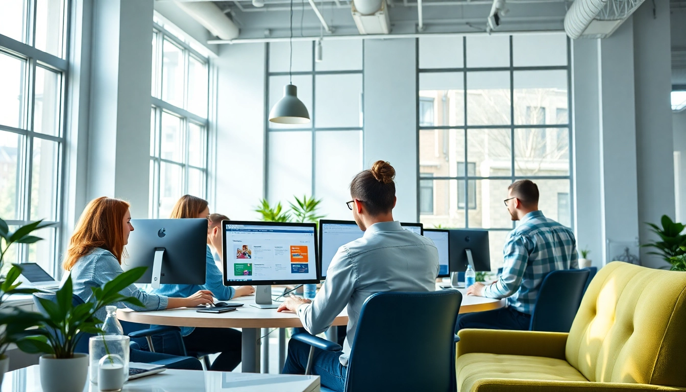 Werbeagentur kreative Teamarbeit in modernem Büro, das Webdesign-Entwicklung fördert.