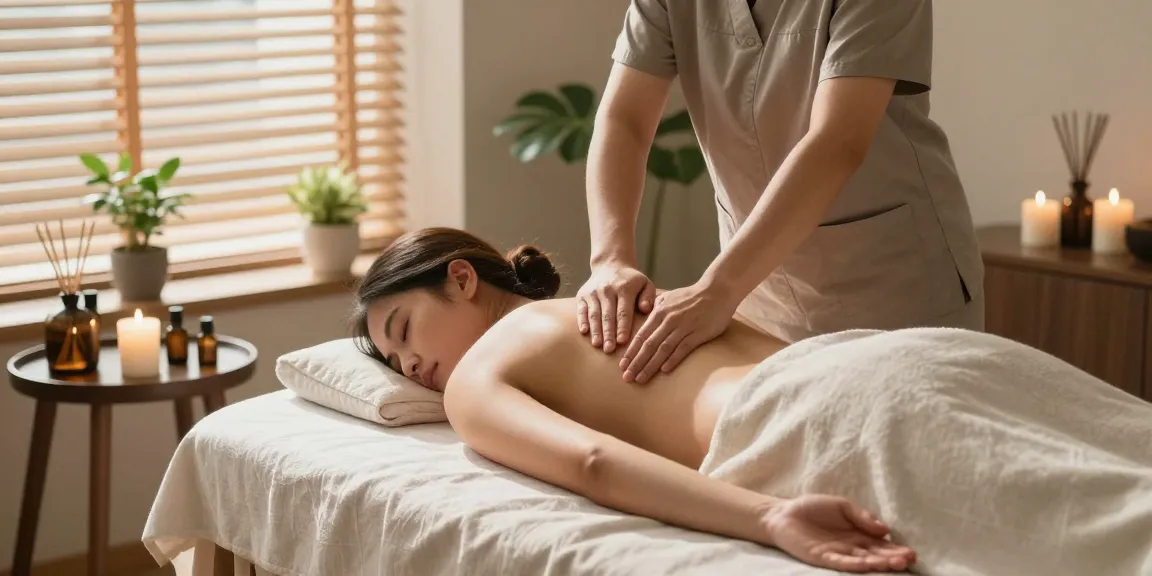 Peaceful 1인샵 massage scene promoting relaxation with serene decor and natural light.