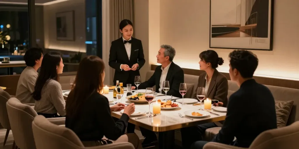 강남구구단 쩜오에서의 프라이빗 룸 모임 장면, 고급스러운 분위기와 아늑한 조명 조화