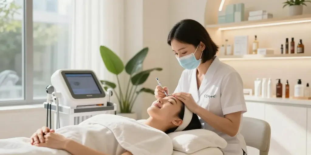 Client receiving CCeye® treatment to Augenringe wegbekommen in serene beauty clinic.