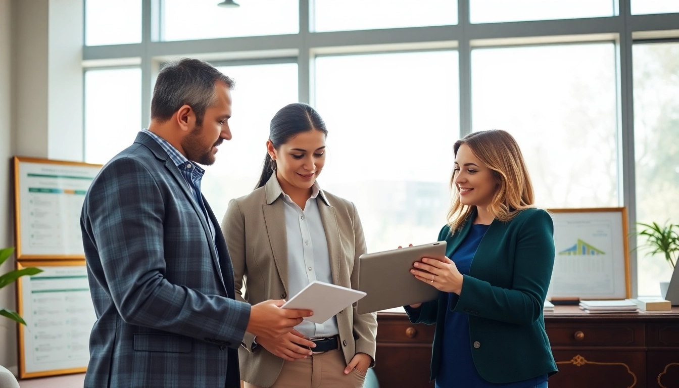 Discussing life insurance options with a couple in a professional office setting, enhancing their understanding.