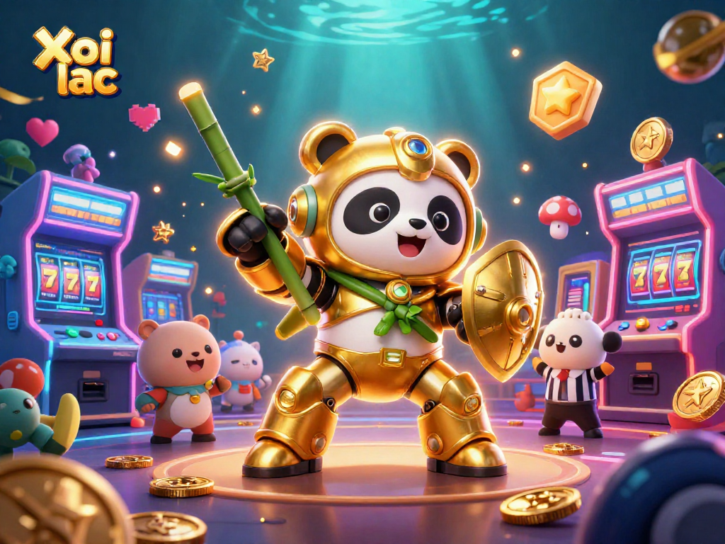 Xoi lac illustrates a dynamic gaming arena with a mech-suit panda, colorful game machines, and vibrant casino elements.