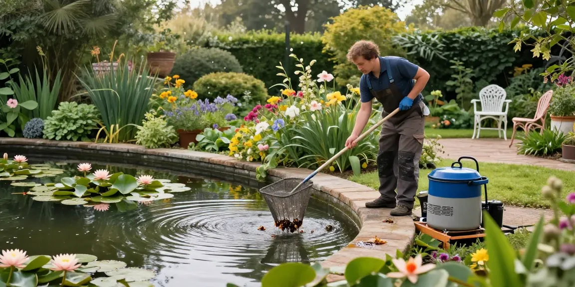 Pond Clean Kent professional maintaining a serene garden pond in Kent, ensuring clear waters and vibrant aquatic life.