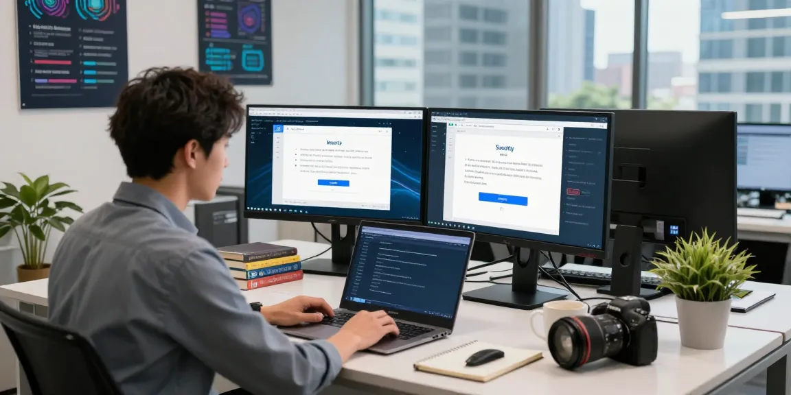Investigating browser security settings at https://shs-dome5.com/ with dual monitors and cybersecurity software in a modern office.