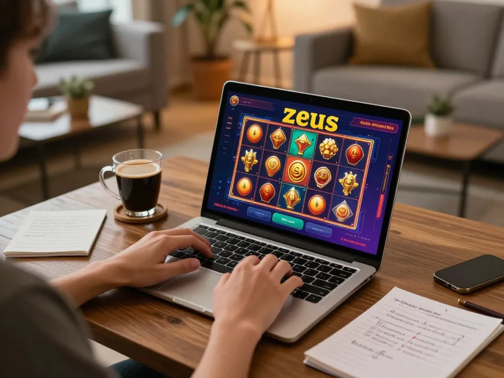 Menghadapi permainan slot zeus yang mendebarkan secara online dari kenyamanan rumah dengan laptop.