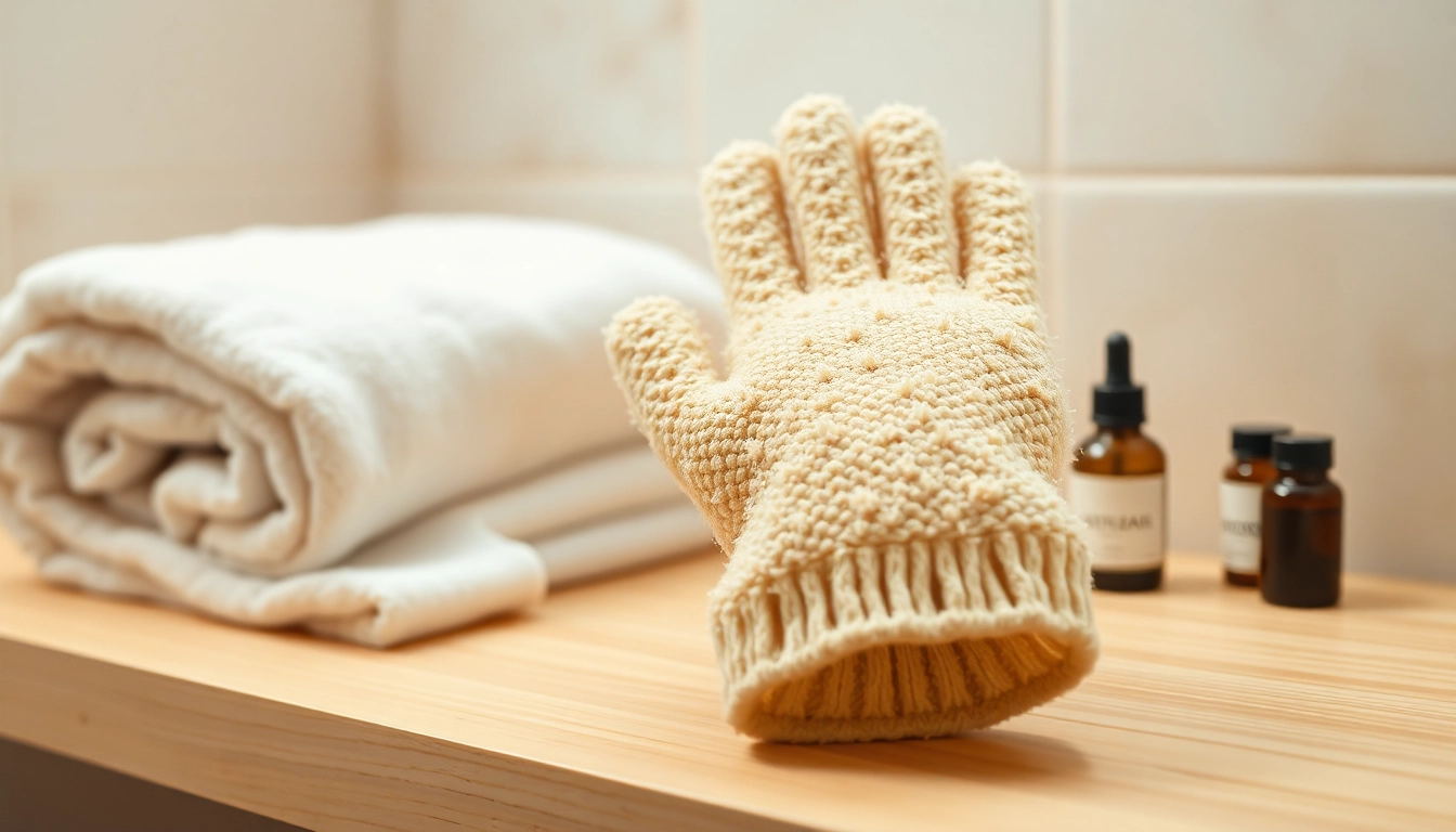 Examine the texture and comfort of a hand loofah glove among spa essentials.