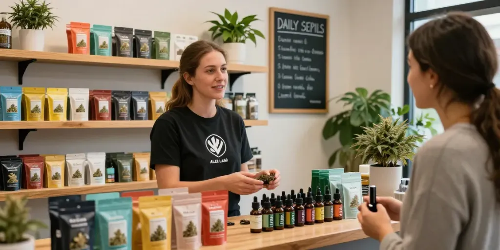 Alien Labs cured resin products on display in a vibrant cannabis shop environment with engaging staff interaction.