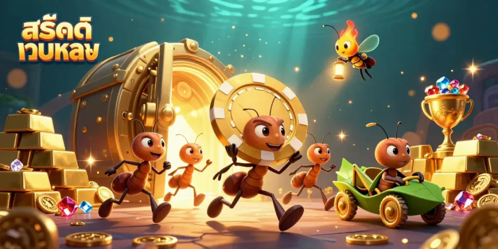 Experience สล็อตเว็บตรง adventure as cartoon ants steal a giant poker chip in a vibrant casino heist scene.