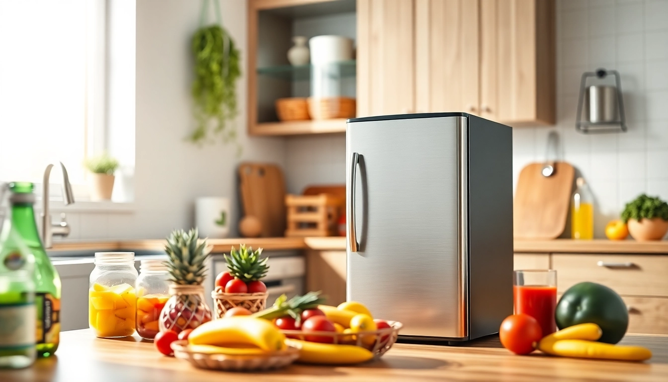 Showcasing an affordable mini fridge and freezer among fresh produce in a bright kitchen.