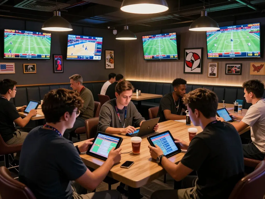 Betting enthusiasts reviewing odds at CM88 bookmaker's sports lounge, capturing energetic wagering moments