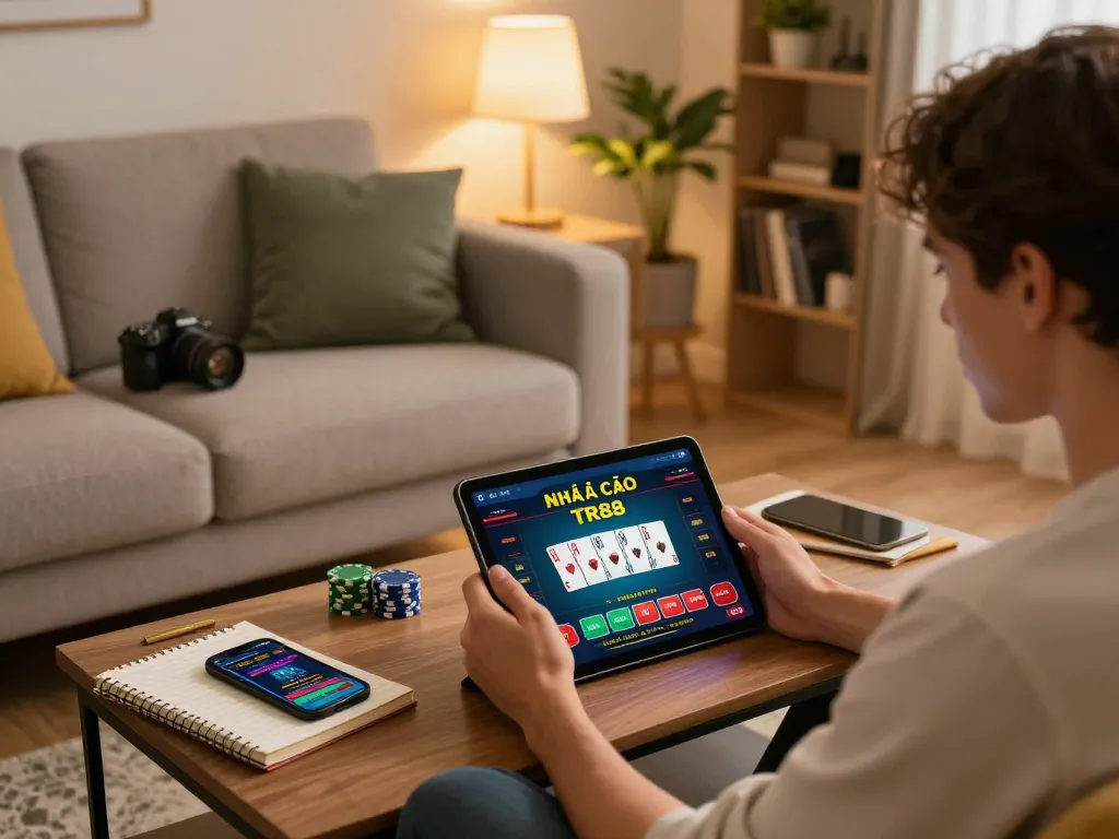 Engaged player using the NHÀ CÁI TR88 app on tablet for online poker gameplay.
