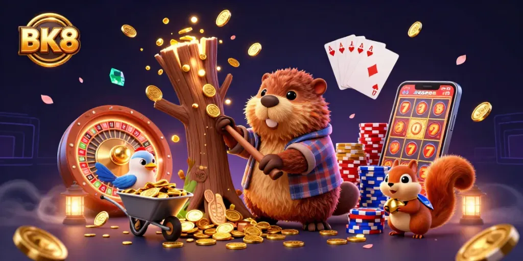 Engage in exciting gaming at BK8 with a colorful 3D casino scene filled with gold coins and thrilling animations.