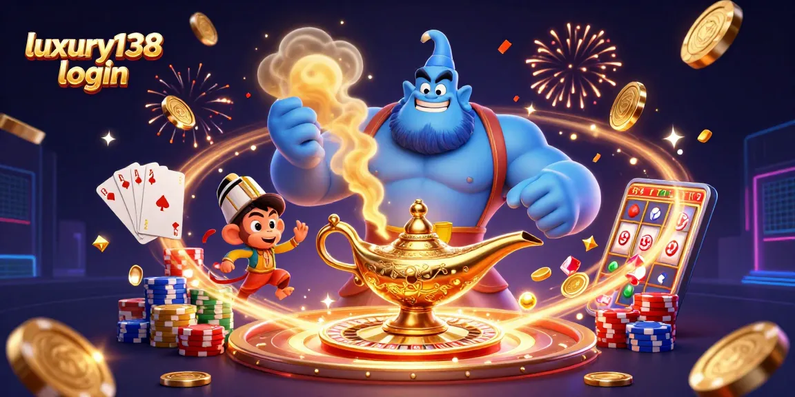 Engage with luxury138 login for premium gambling experiences featuring a 3D genie and casino elements.