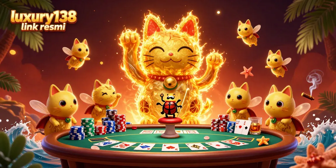 Engage with luxury138 link resmi by exploring vibrant casino symbols and a lucky cat illustration.
