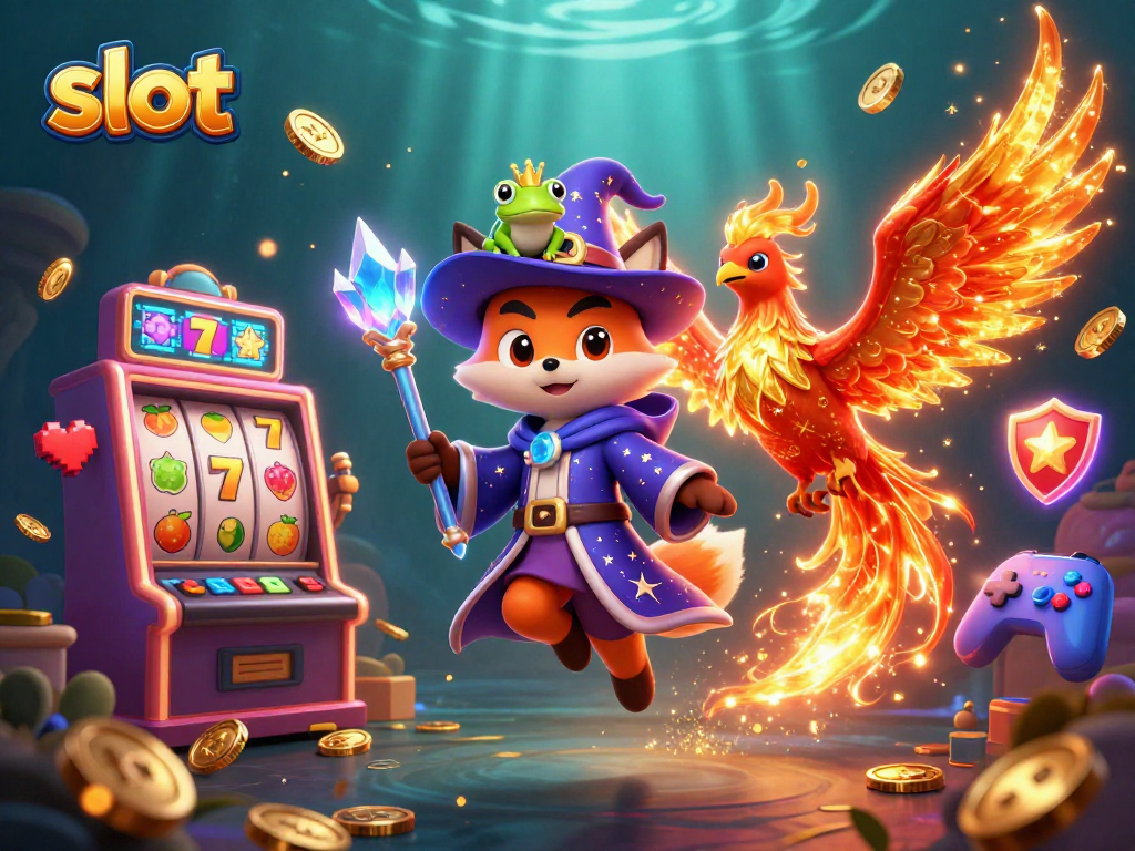 Experience thrilling slot gameplay with colorful machines and mystical characters in this vibrant casino scene.
