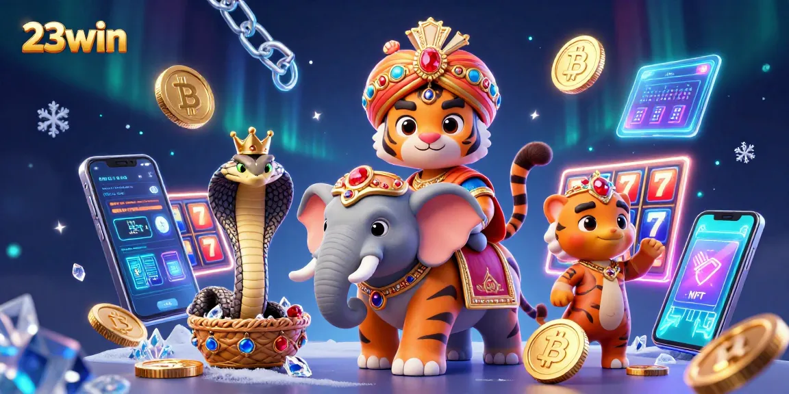 Experience thrilling games at 23win with a lively 3D casino illustration featuring vibrant characters and slot elements.