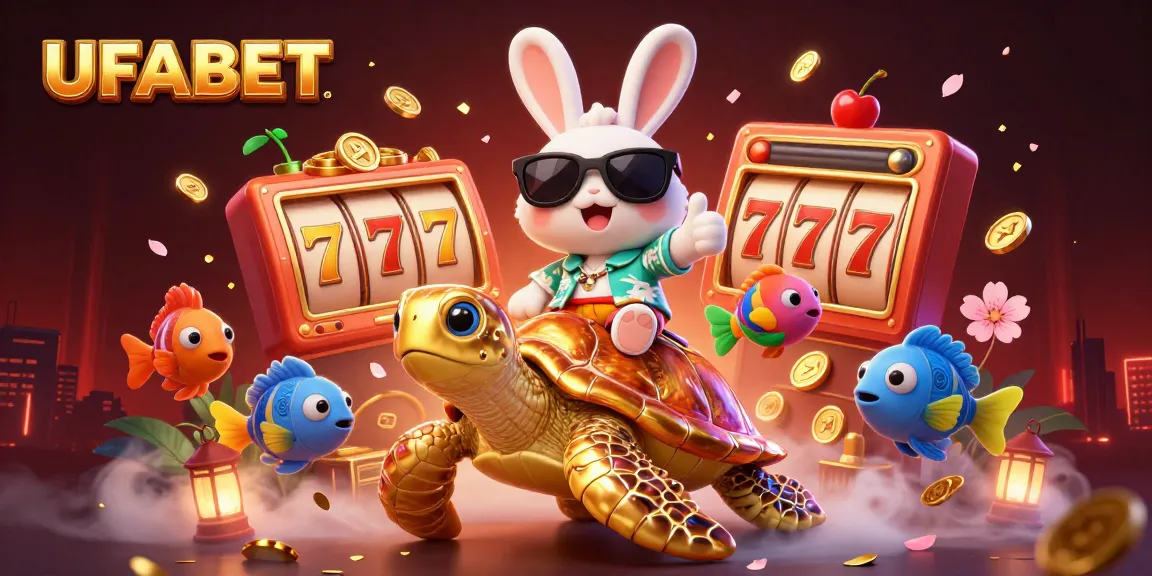 Win big with UFABET - a vibrant 3D illustration showcasing gambling excitement with lucky symbols and characters.