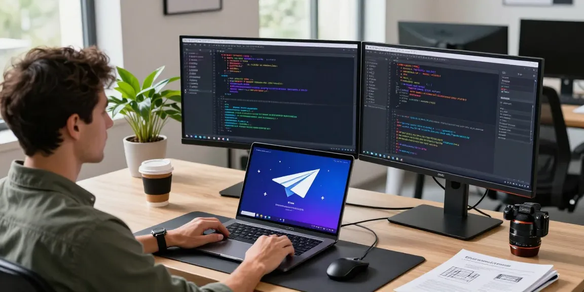 Developer working with 纸飞机中文版 on dual monitors, showcasing a modern tech workspace.