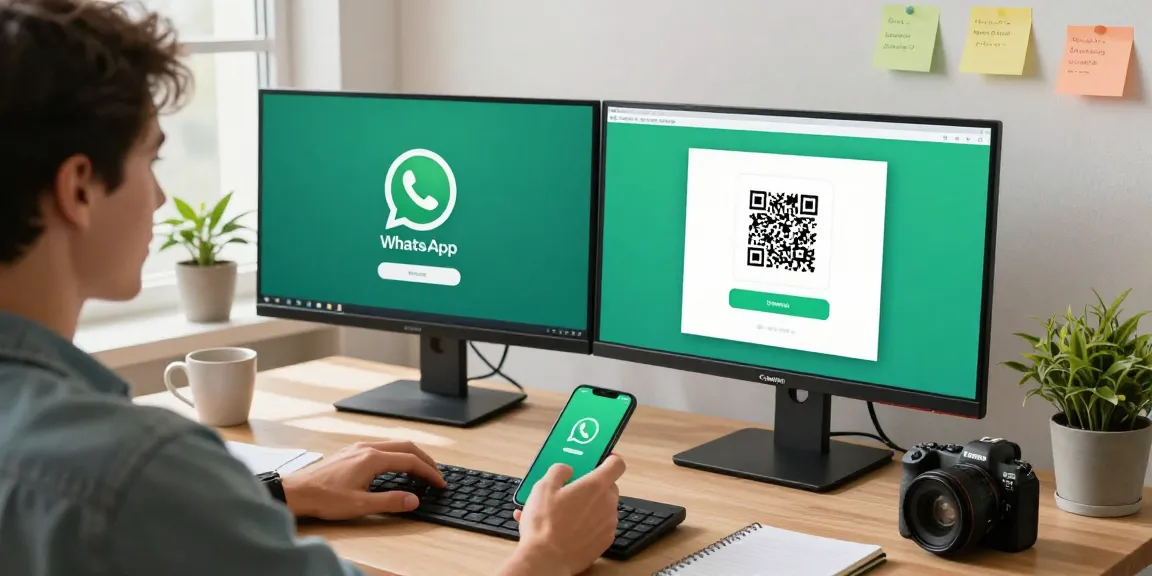 Setting up WhatsApp電腦版 on a modern desktop in a bright office.