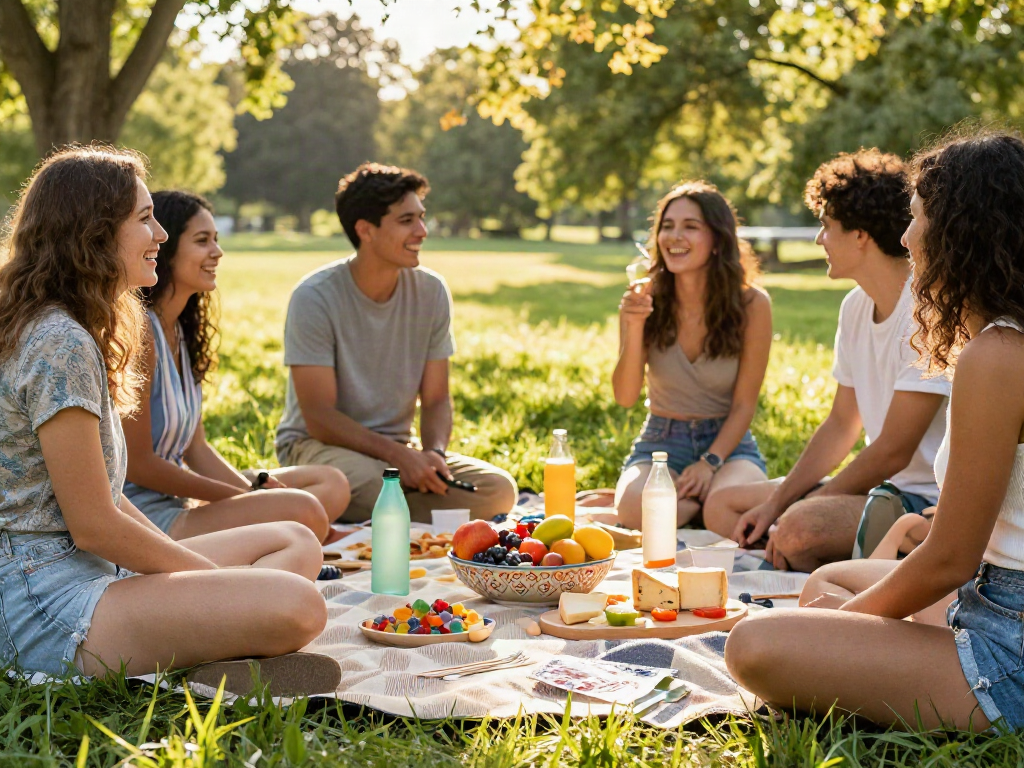 Friends sharing snacks and Camino gummies at a sunny picnic in the park.