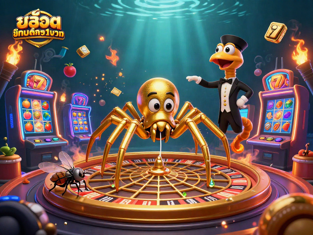 Experience thrilling slots with สล็อตฝากขั้นต่ำ1บาท at the casino's roulette wheel in this vibrant 3D illustration.