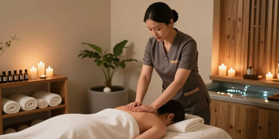 Massage scene with a therapist performing a rejuvenating 마사지 in a serene spa setting, featuring warm lighting and essential oils.