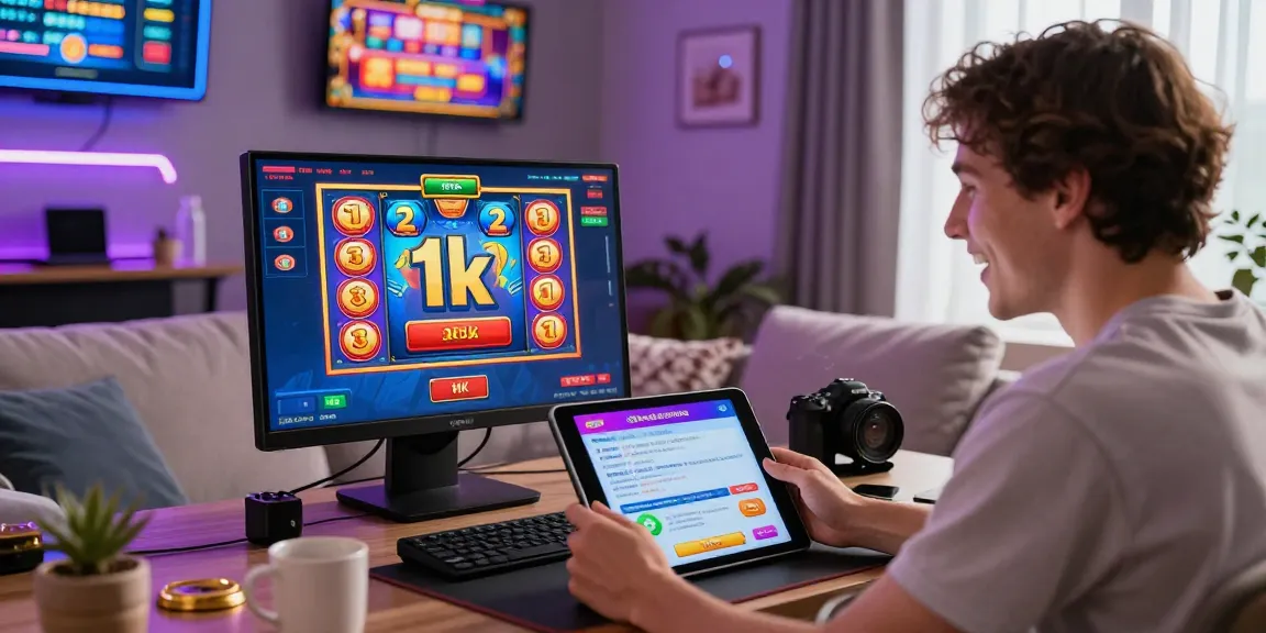 Engaging player enjoying slot deposit 1k games on smartphone in vibrant online casino.