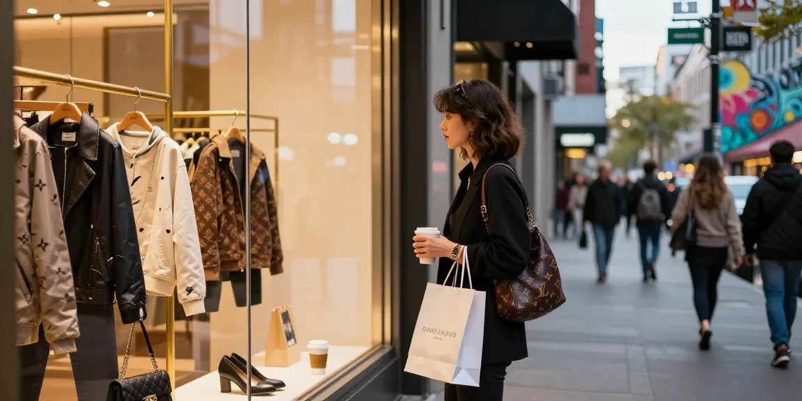 Shopper exploring stylish 레플리카 fashion in urban boutique setting, evening lights and vibrant atmosphere.