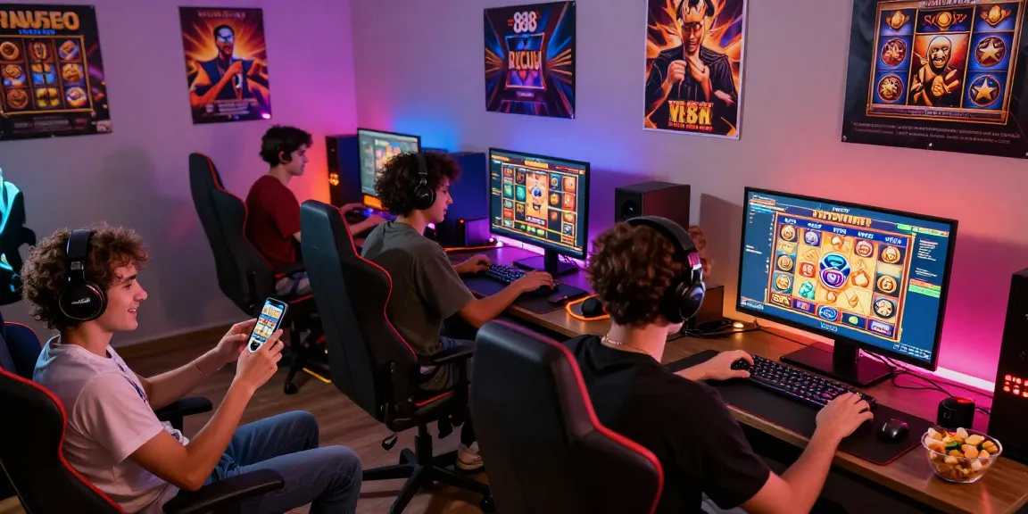 Exciting online gaming scene with players enjoying slot88 games on smartphones and laptops in a vibrant gaming room.