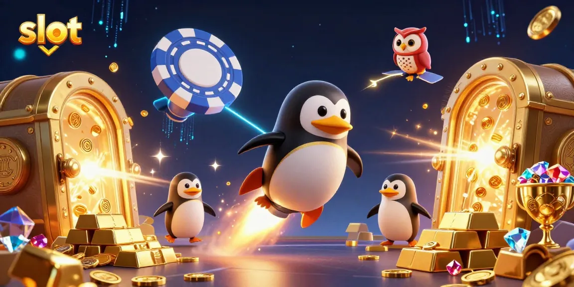 Spin the slots with a vibrant 3D golden penguin illustration leading to a casino jackpot.