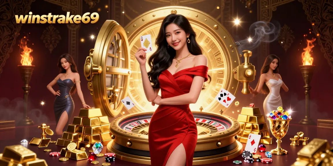 Winstrike69 enhances excitement at the casino with a stunning woman holding a golden playing card.