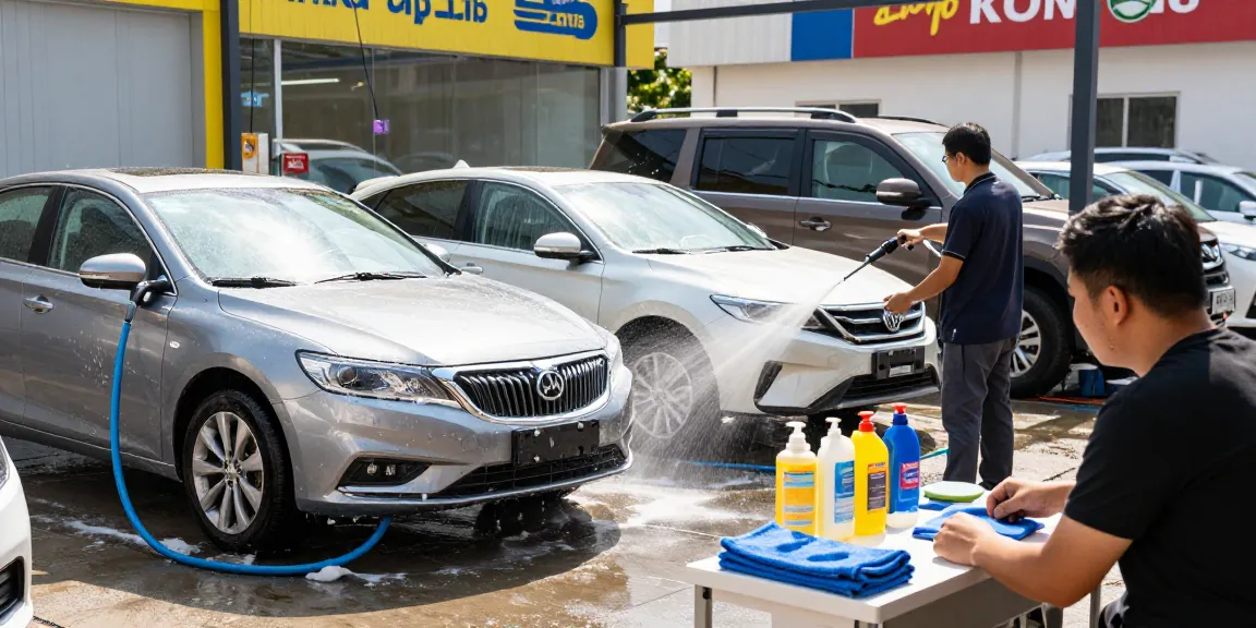 Car wash near me cost services in action, showcasing professional detailers washing vehicles.