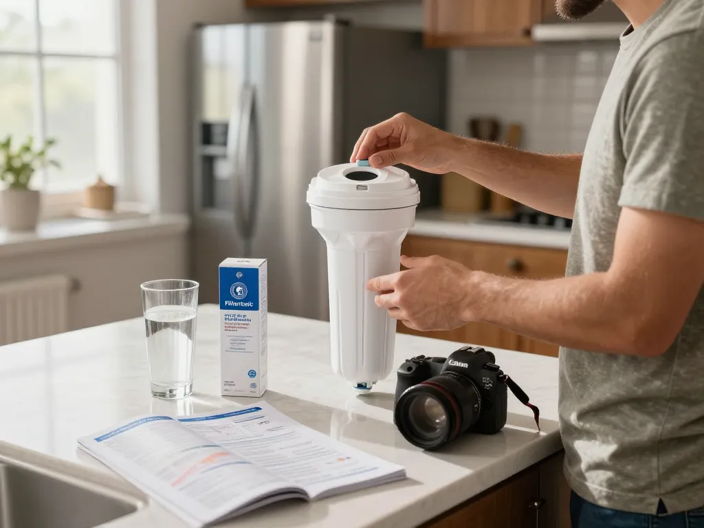 Filterlogic FL-RF13 Replacement for GE® MWF® installed in a modern kitchen, showcasing a DIY filter replacement process with tools and water glass.